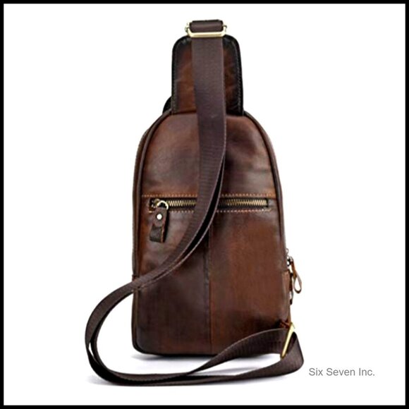Vintage Leather Sling Bag Crossbody Backpack for Travel Vintage Italian Leather Crossbody Sling Bag - Cognac  main image 3